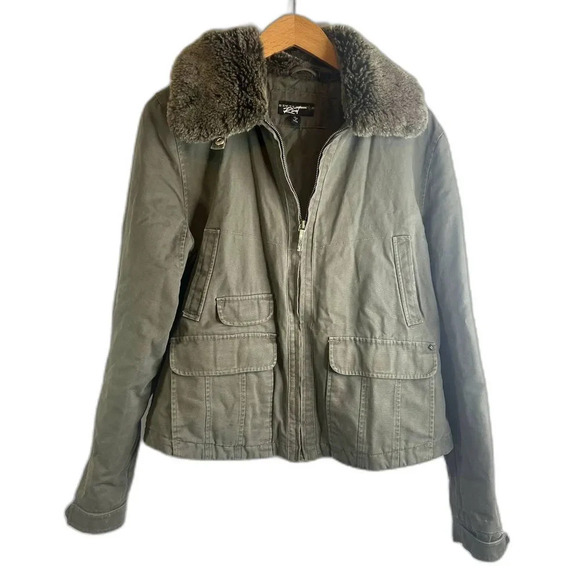 Black Rivet Faux Fur Collar Aviator Utility Jacket‎ Size Large - Picture 1 of 11